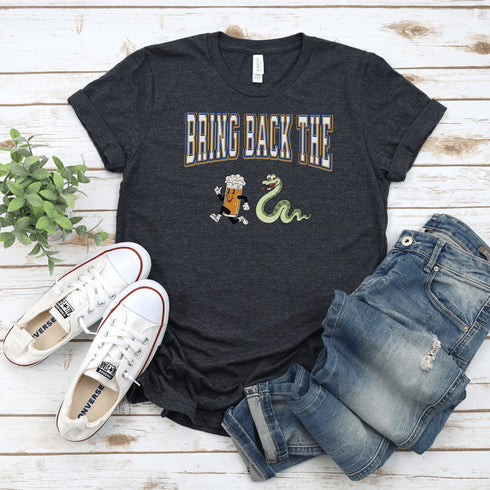 Introducing the "Bring Back The Beer Snake" T-shirt – the ultimate conversation starter (and possibly friendship saver) for every die-hard Winnipeg Bomber fan! This soft, stylish tee features a hilarious graphic of a beer running away from a mischievous snake, perfectly capturing the epic saga of the legendary beer snake.